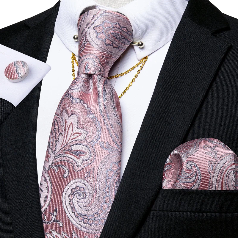 Men's modern necktie for business-Pink Paisley Men's Tie Pocket Square Cufflinks with Collar Pin