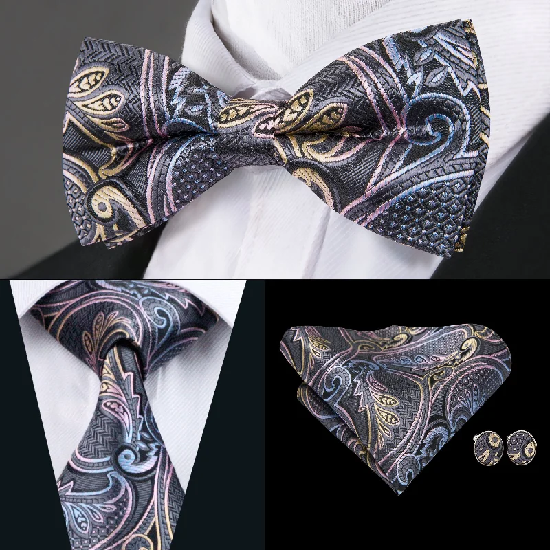 Best men's tie for formal events-Pink Plaid Bowtie Necktie Hanky Cufflinks Set