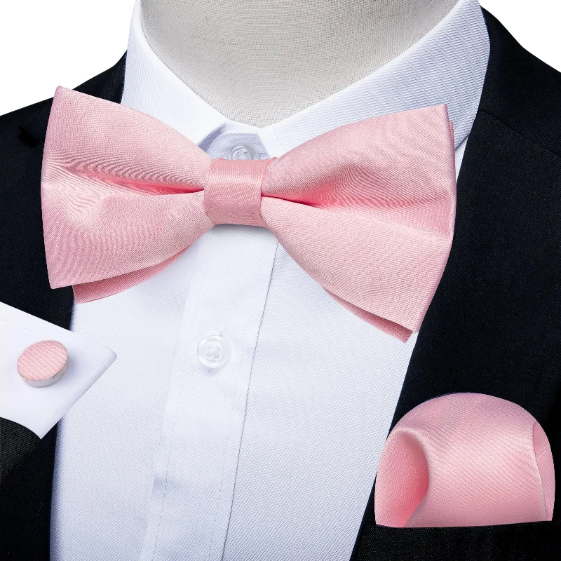 Elegant men's tie with solid color-Pink Satin Men's Pre-Bowtie Pocket Square Cufflinks Set