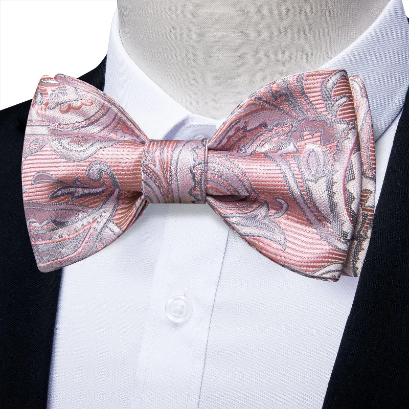 Men's silk tie with a refined texture-Pink Silver Floral Silk Bowtie Pocket Square Cufflinks Set