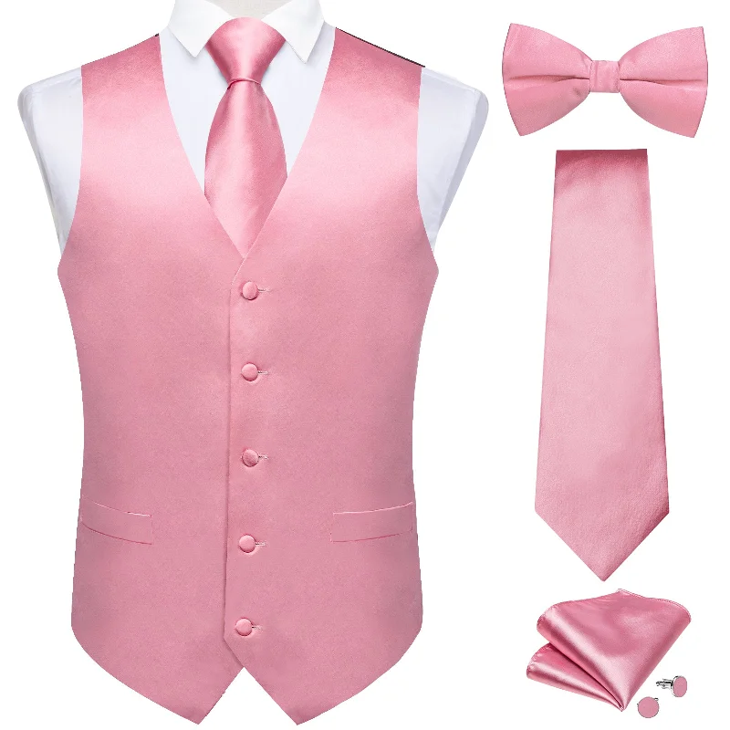 Customizable men's silk tie-Pink Solid Jacquard V Neck Vest Neck Bow Tie Handkerchief Cufflinks Set