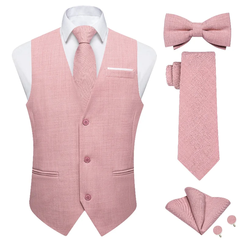 Men's tie for a wedding suit-Pink Solid Jacquard V Neck Vest Neck Bow Tie Handkerchief Cufflinks Set