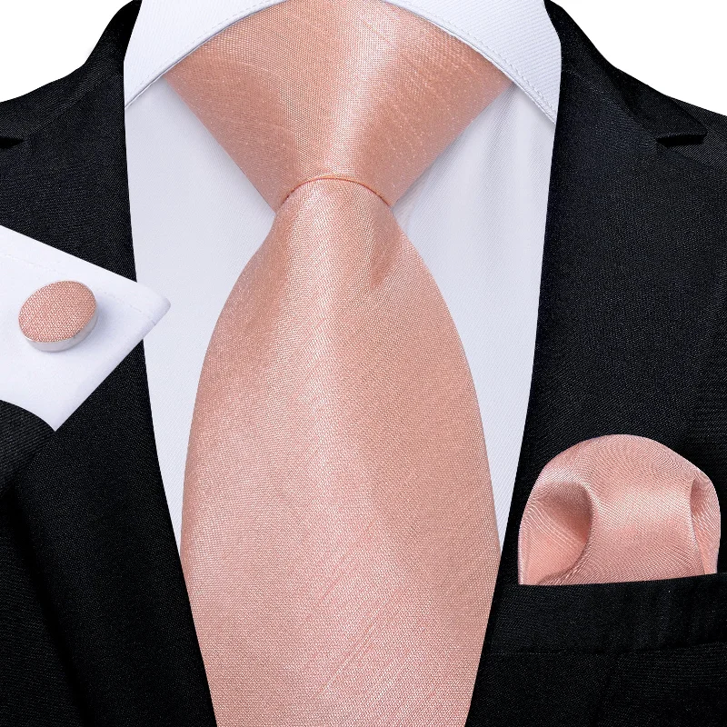 Men's tie for luxury events-Pink Solid Men's Tie Handkerchief Cufflinks Set