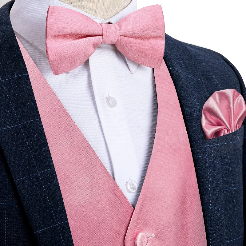 Professional silk tie for men-Pink Solid Satin Waistcoat Vest Bowtie Handkerchief Cufflinks Set