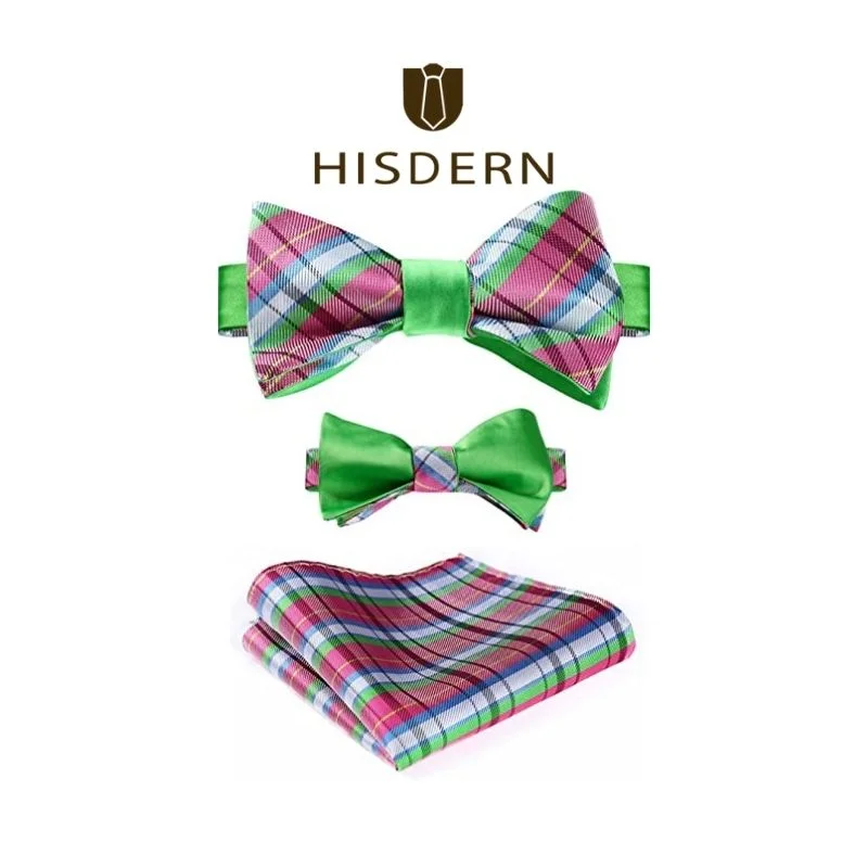 Men's silk tie-Plaid Bow Tie & Pocket Square - B-PINK