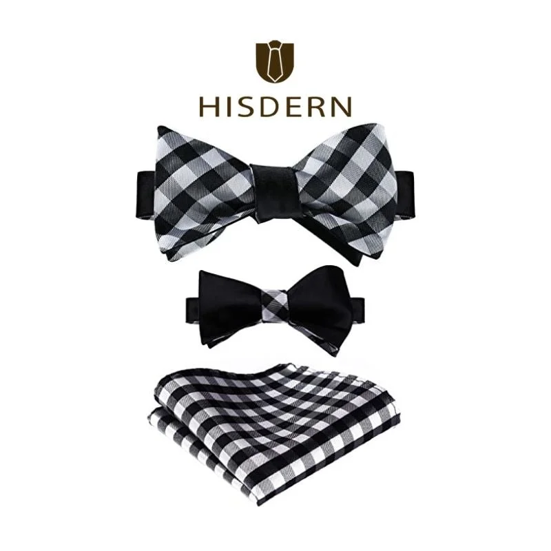 Best men's tie for weddings-Plaid Bow Tie & Pocket Square - D-BLACK/WHITE 1