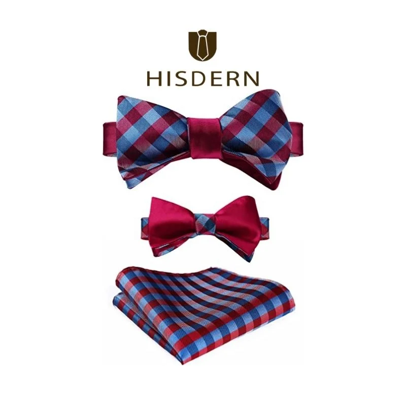 Men's tie for wedding parties-Plaid Bow Tie & Pocket Square - D-BLUE/RED