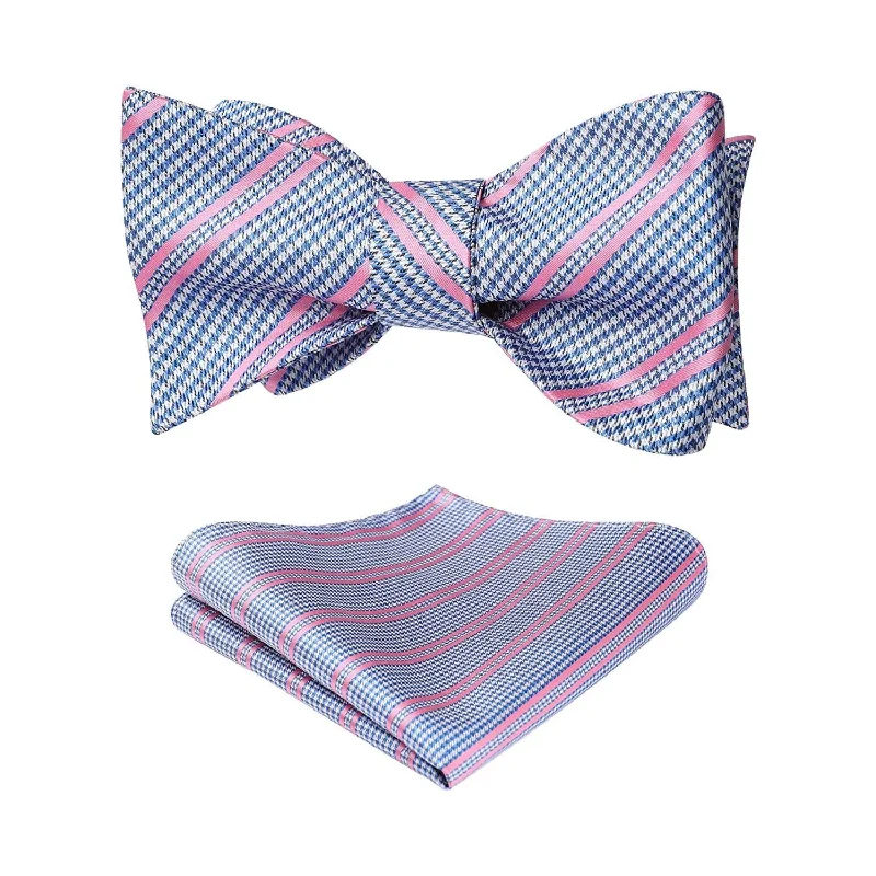 Men's tie for upscale business meetings-Plaid Bow Tie & Pocket Square - D-PINK / BLUE