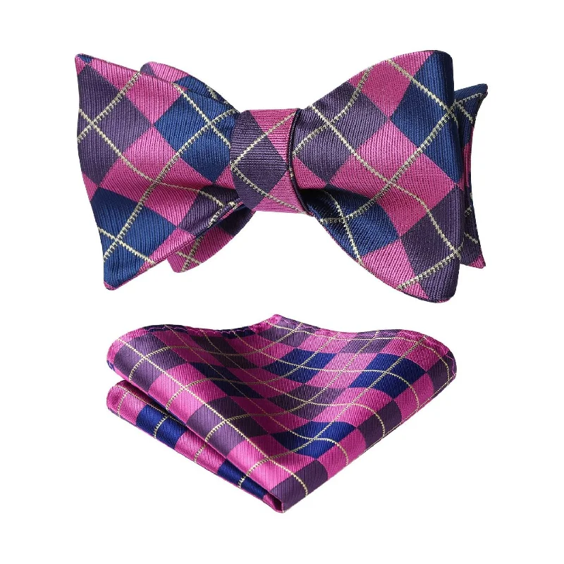 Men's tie for office attire-Plaid Bow Tie & Pocket Square Sets - A-NAVY BLUE/PINK