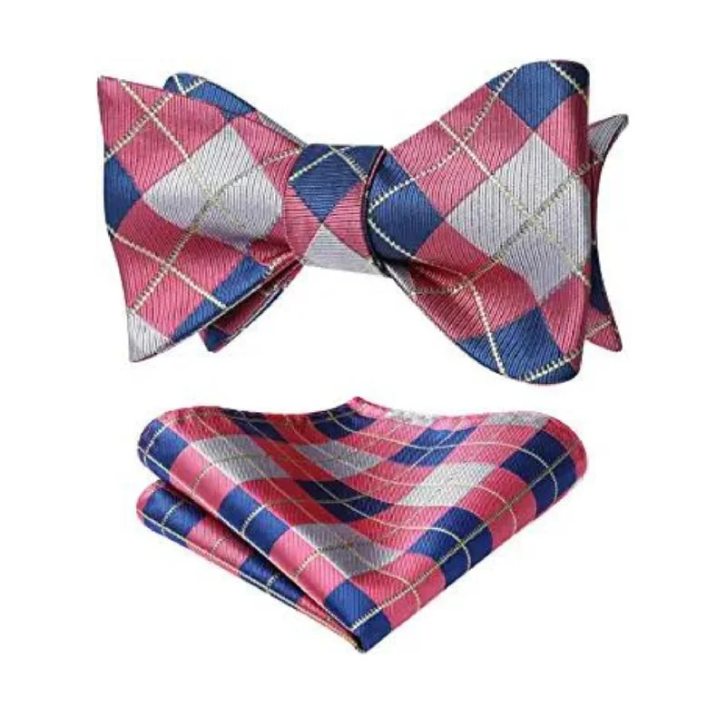 Best men's tie for formal events-Plaid Bow Tie & Pocket Square Sets - C-PINK / GRAY / BLUE