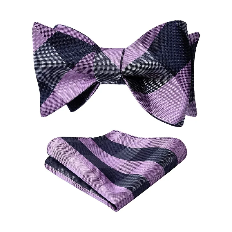 Best men's tie for church events-Plaid Bow Tie & Pocket Square Sets - E-PURPLE/NAVY BLUE