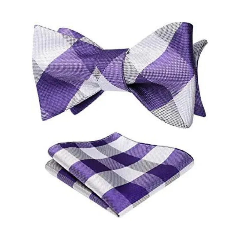 Men's tie for Christmas party-Plaid Bow Tie & Pocket Square Sets - E-PURPLE/WHITE