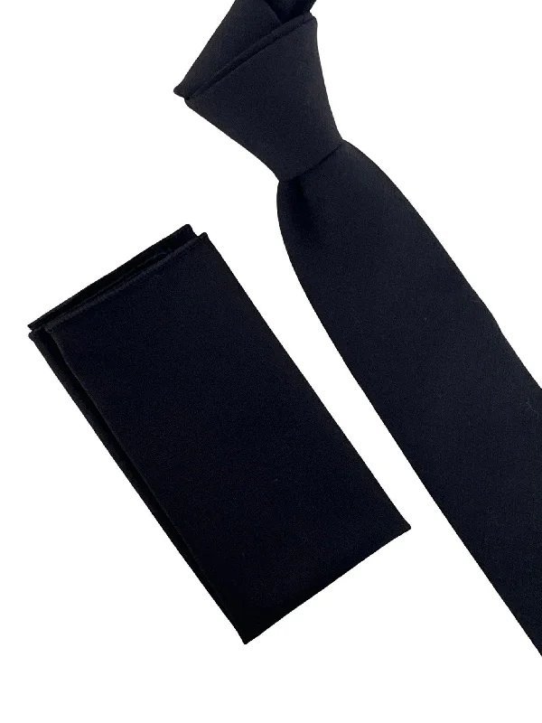 Men's tie for elegant weddings-Matching plain black bamboo tie and pocket square