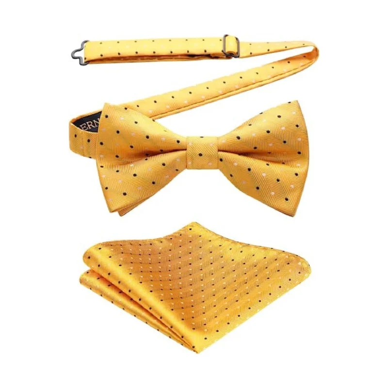 Men's tie for casual gatherings-Polka Dot Pre-Tied Bow Tie & Pocket Square - A-YELLOW