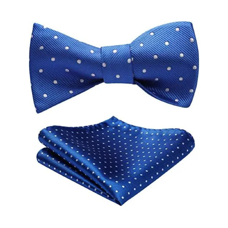 Men's tie for family gatherings-Polka Dots Bow Tie & Pocket Square - B-BLUE/SILVER