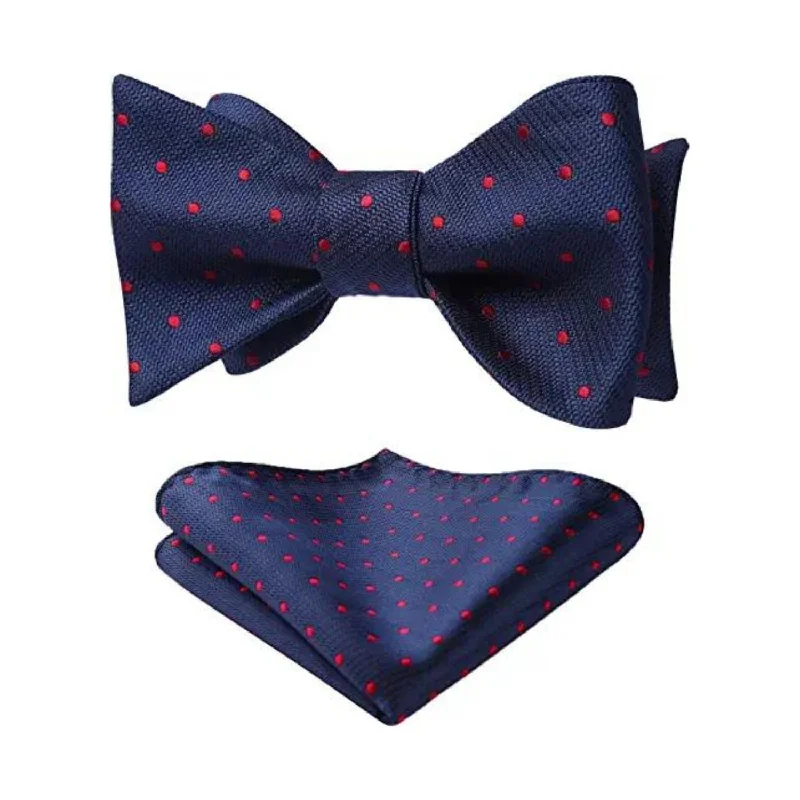 Men's reversible tie-Polka Dots Bow Tie & Pocket Square - B-RED/NAVY BLUE