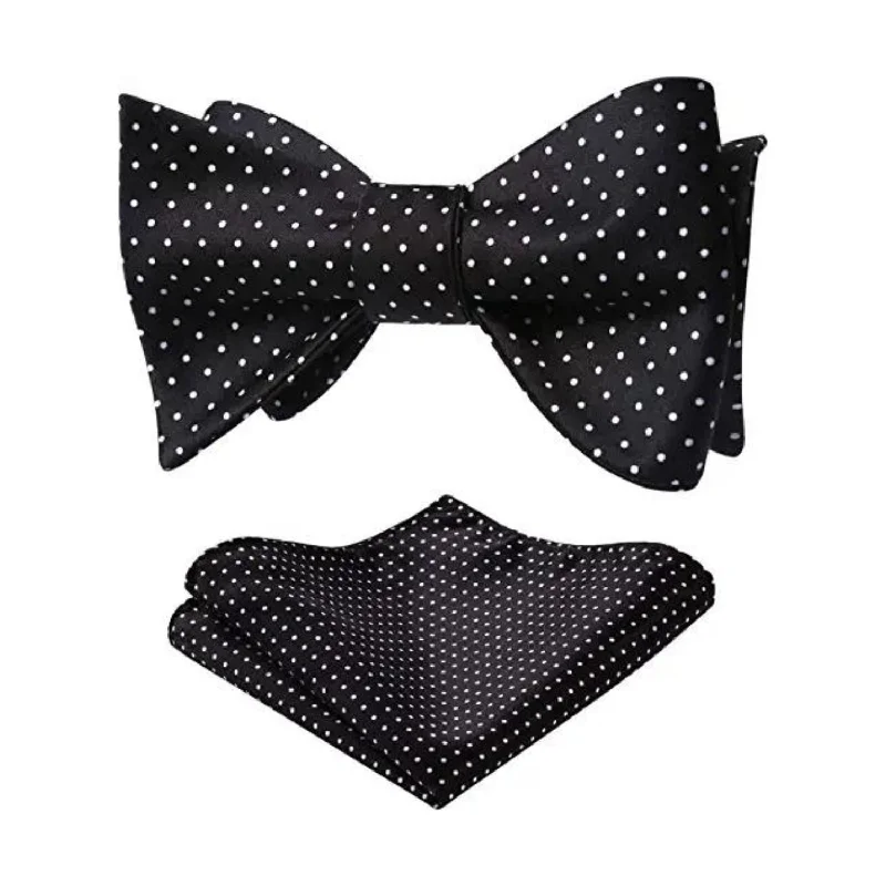 Men's tie for a graduation-Polka Dots Bow Tie & Pocket Square  - BLACK/WHITE