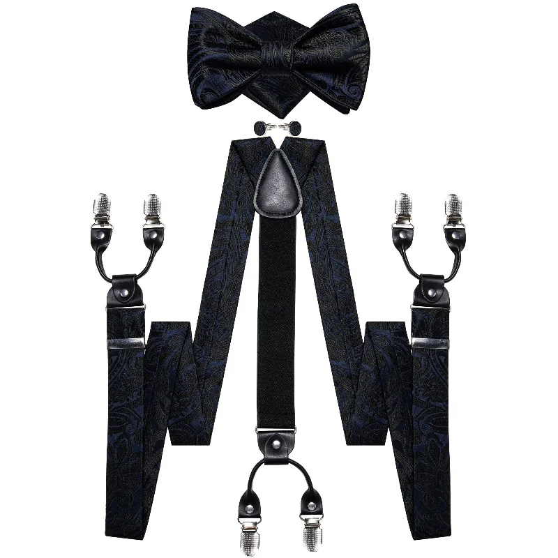 Best quality men's tie-Purple Black Floral Brace Clip-on Men's Suspender with Bow Tie Set