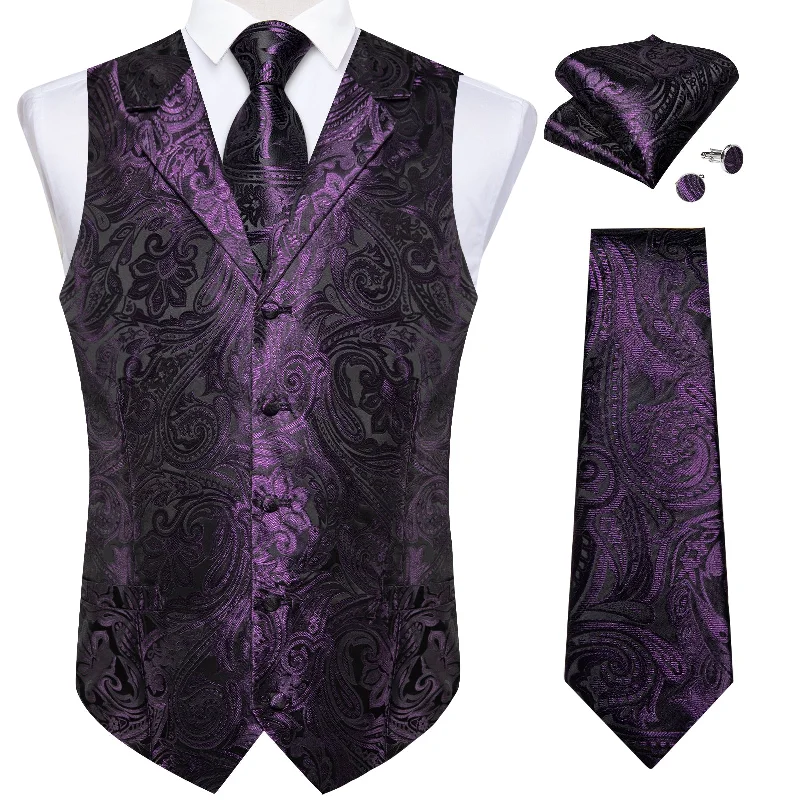 Elegant men's tie with solid color-Purple Floral Jacquard V Neck Waistcoat Vest Tie Handkerchief Cufflinks Set