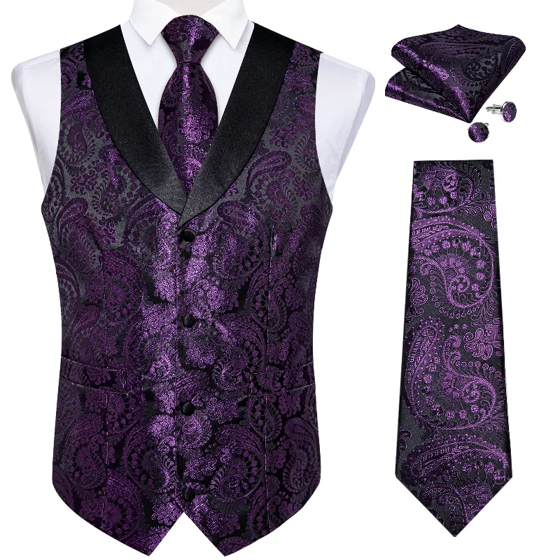 Men's tie with stripes-Purple Floral Jacquard V Neck Waistcoat Vest Tie Handkerchief Cufflinks Set