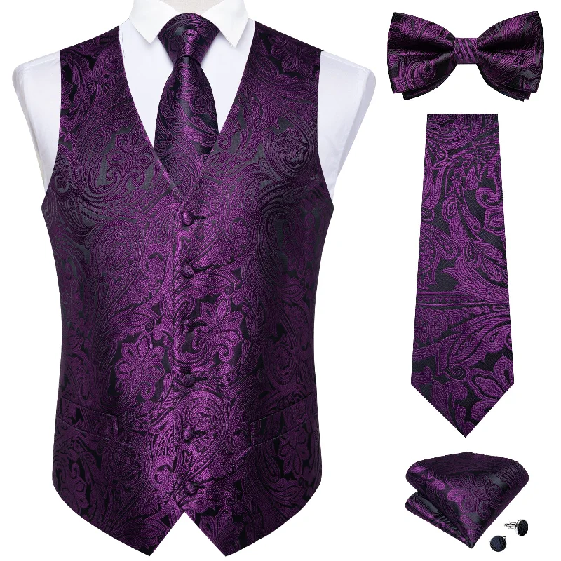 Modern men's necktie for work-Purple Floral Jacquard Vest Neck Bow Tie Handkerchief Cufflinks Set