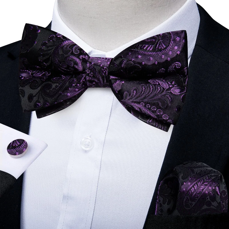 Unique men's tie for wedding-Purple Floral Men's Pre-Bowtie Square Handkerchief Cufflinks Set