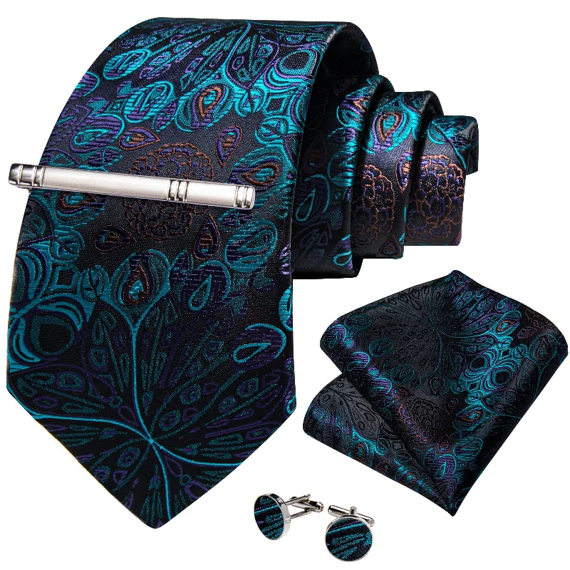 Unique necktie for men-Purple Floral Men's Tie Handkerchief Cufflinks Clip Set