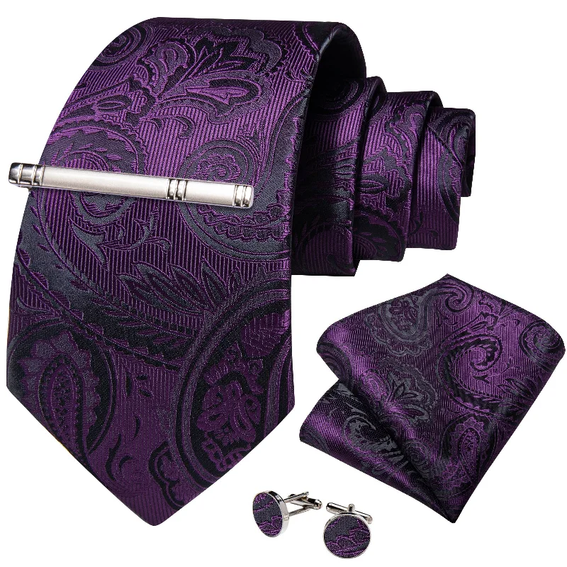 Men's necktie for upscale dining-Purple Floral Men's Tie Handkerchief Cufflinks Clip Set