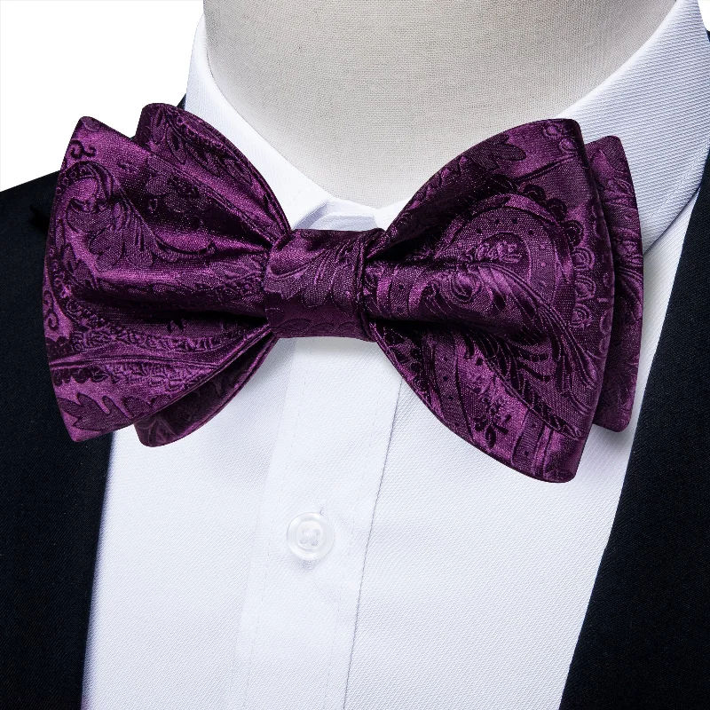 Trendy men's tie for evening wear-Purple Floral Self-Bowtie Pocket Square Cufflinks Set