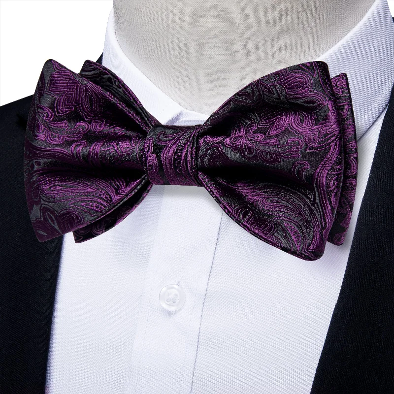 Men's tie with polka dots for summer-Purple Floral Self-Bowtie Pocket Square Cufflinks Set