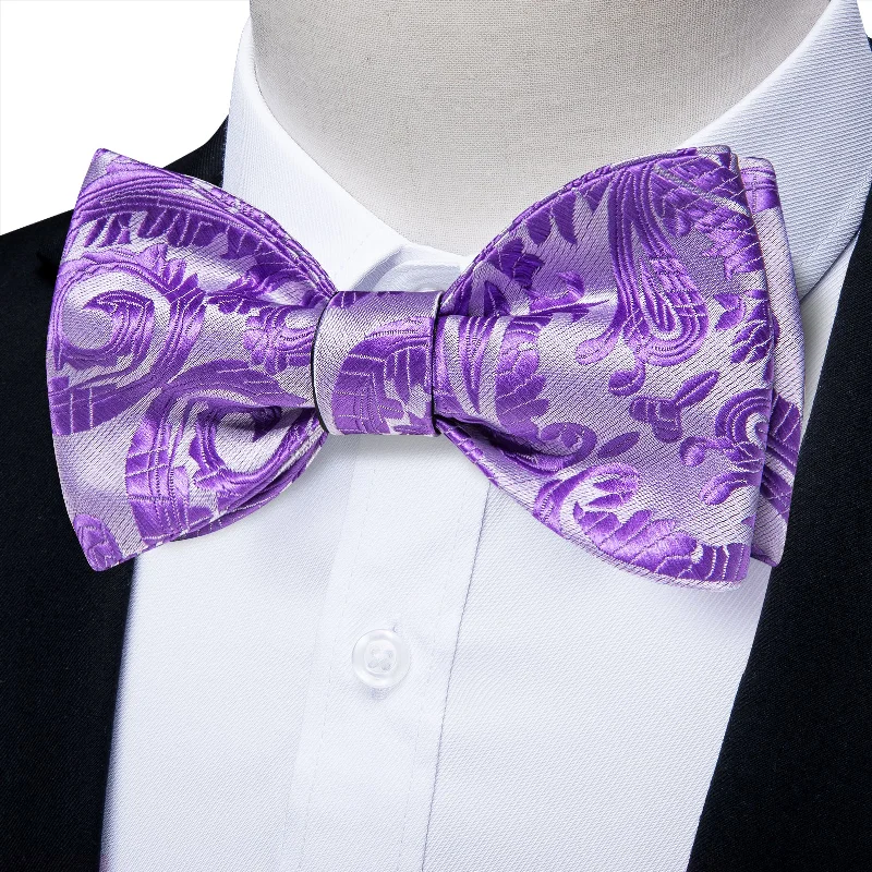 Men's tie for Christmas party-Purple Floral Silk Bowtie Pocket Square Cufflinks Set