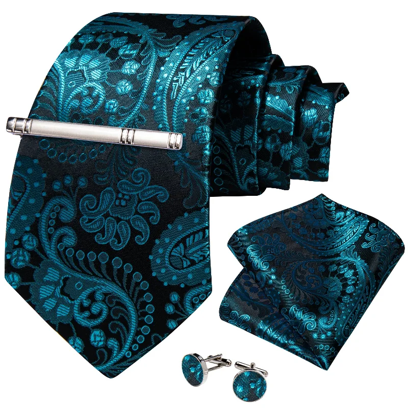 Men's tie with vibrant color-Teal Paisley Men's Tie Handkerchief Cufflinks Clip Set