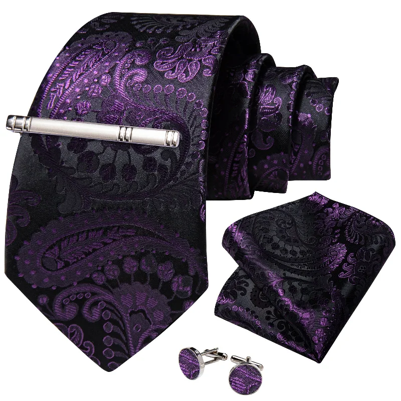 Professional men's tie for business-Purple Paisley Men's Tie Handkerchief Cufflinks Clip Set