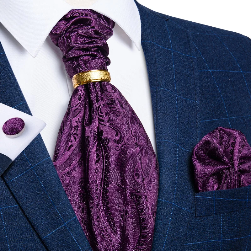 Men's tie for special occasions-Purple Paisley Silk Cravat Woven Ascot Tie Pocket Square Cufflinks With Tie Ring Set