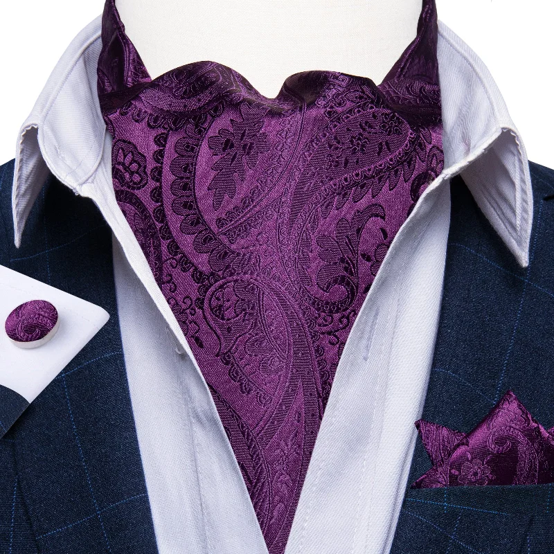 Soft men's silk tie-Purple Paisley Silk Cravat Woven Ascot Tie Pocket Square Handkerchief Suit Set