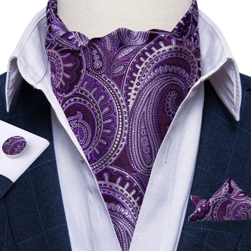 Casual men's tie-Purple Paisley Silk Cravat Woven Ascot Tie Pocket Square Handkerchief Suit Set