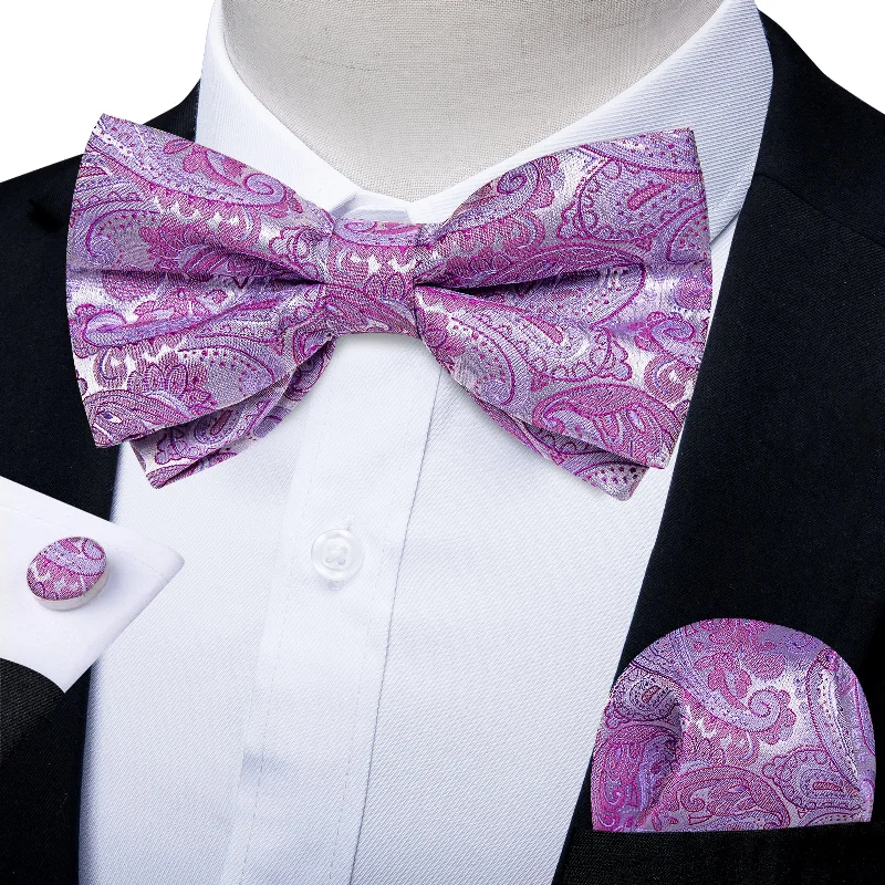 Best men's tie with stripes-Purple Paisley Silk Men's Pre-Bowtie Pocket Square Cufflinks Set