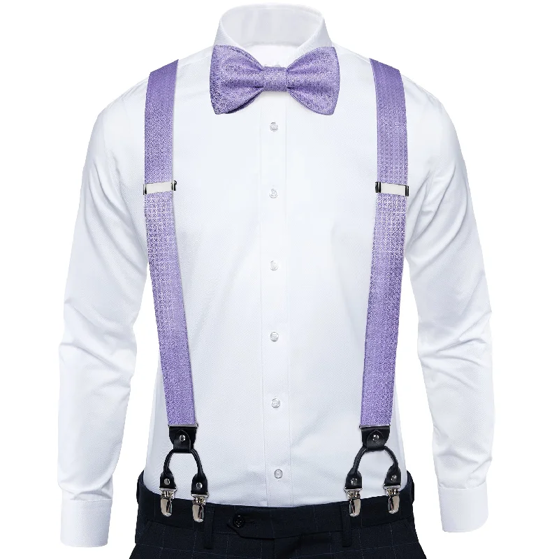 Men's tie with a floral motif-Purple Plaid Brace Clip-on Men's Suspender with Bow Tie Set