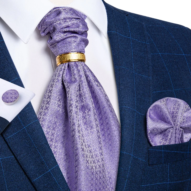 Men's tie with geometric design-Purple Plaid Silk Cravat Woven Ascot Tie Pocket Square Cufflinks With Tie Ring Set