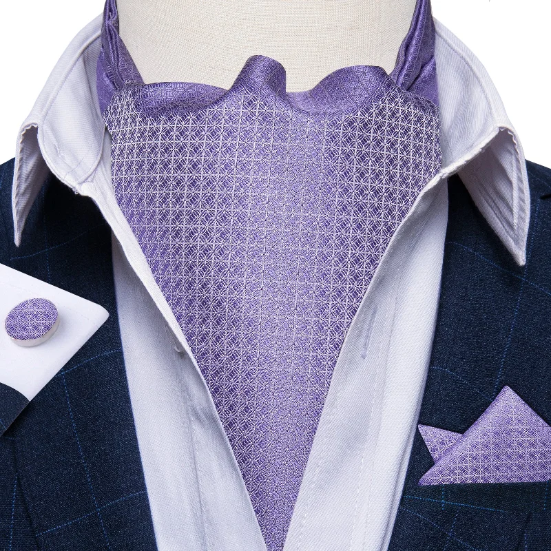 Men's tie for a wedding suit-Purple Plaid Silk Cravat Woven Ascot Tie Pocket Square Handkerchief Suit Set