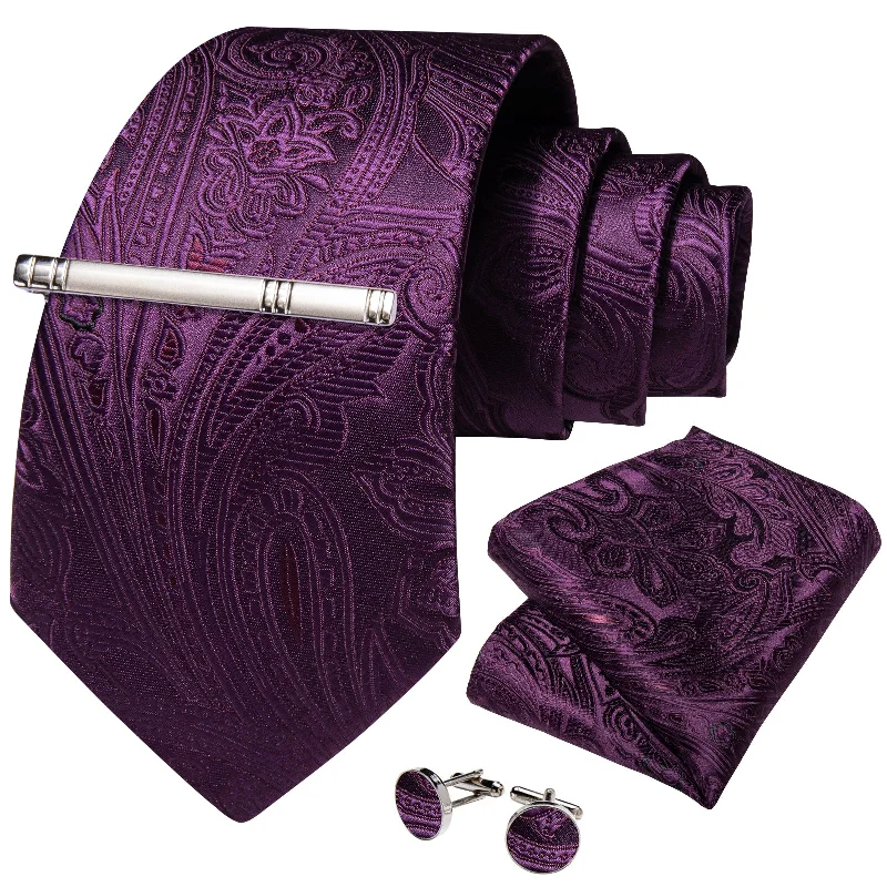 Men's silk tie with a refined texture-Purple Red Floral Men's Tie Handkerchief Cufflinks Clip Set