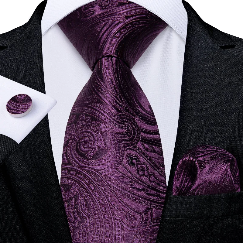 Affordable silk necktie for business wear-Purple Red Floral Men's Tie Handkerchief Cufflinks Set