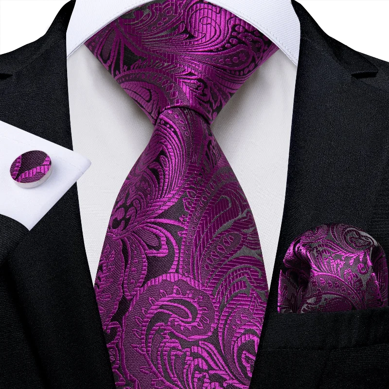 Men's tie for interviews-Purple Red Floral Men's Tie Pocket Square Handkerchief Set