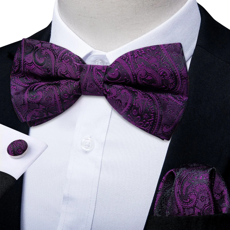 Men's tie for special occasions-Purple Red Floral Silk Bowtie Pocket Square Cufflinks Set