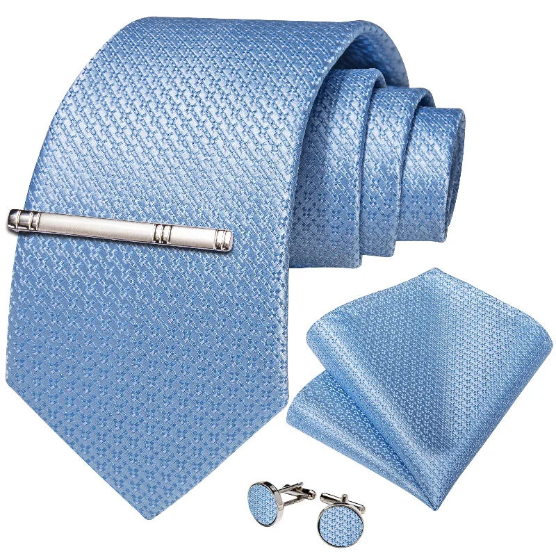 Men's tie for charity events-Blue Solid Men's Tie Handkerchief Cufflinks Clip Set