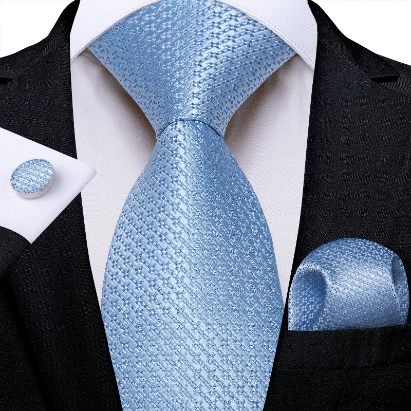 Men's tie for a special dinner-Blue Solid Men's Tie Handkerchief Cufflinks Set