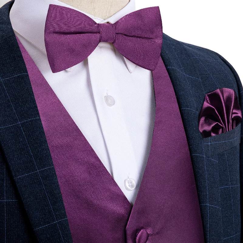 Affordable luxury men's tie-Purple Solid Satin Waistcoat Vest Bowtie Handkerchief Cufflinks Set