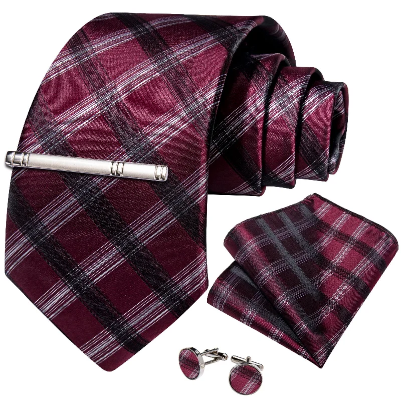 Men's tie with a contrasting stripe-Red Black White Strped Men's Tie Handkerchief Cufflinks Clip Set