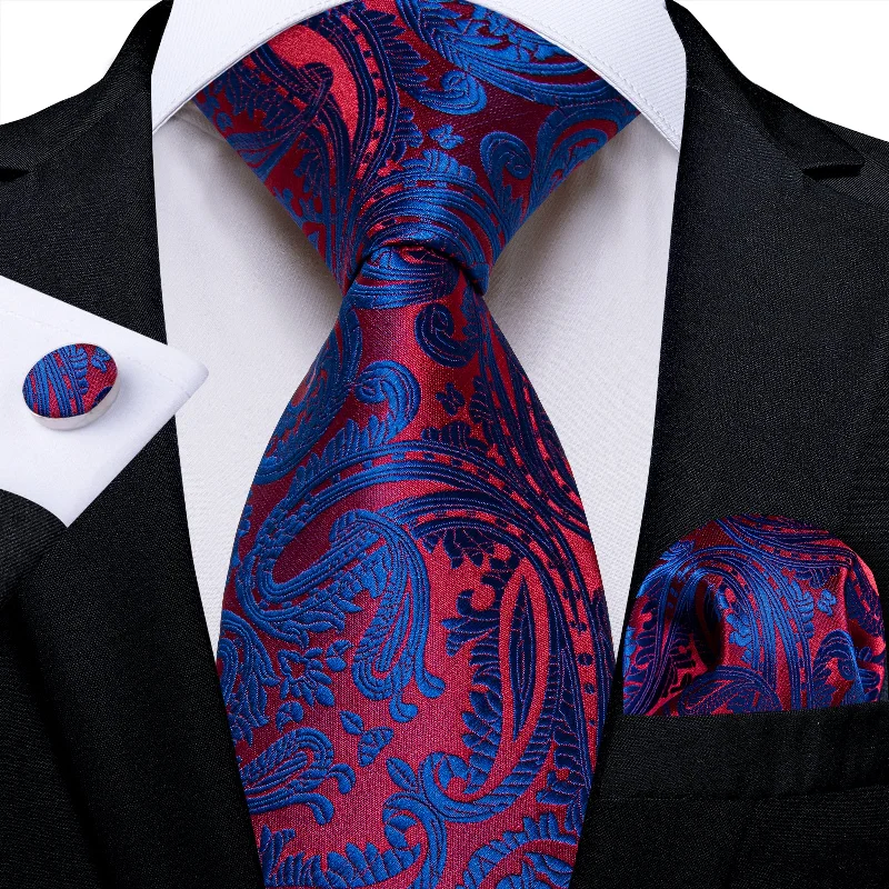 Men's silk tie for holiday season-Red Blue Floral Men's Tie Pocket Square Handkerchief Set