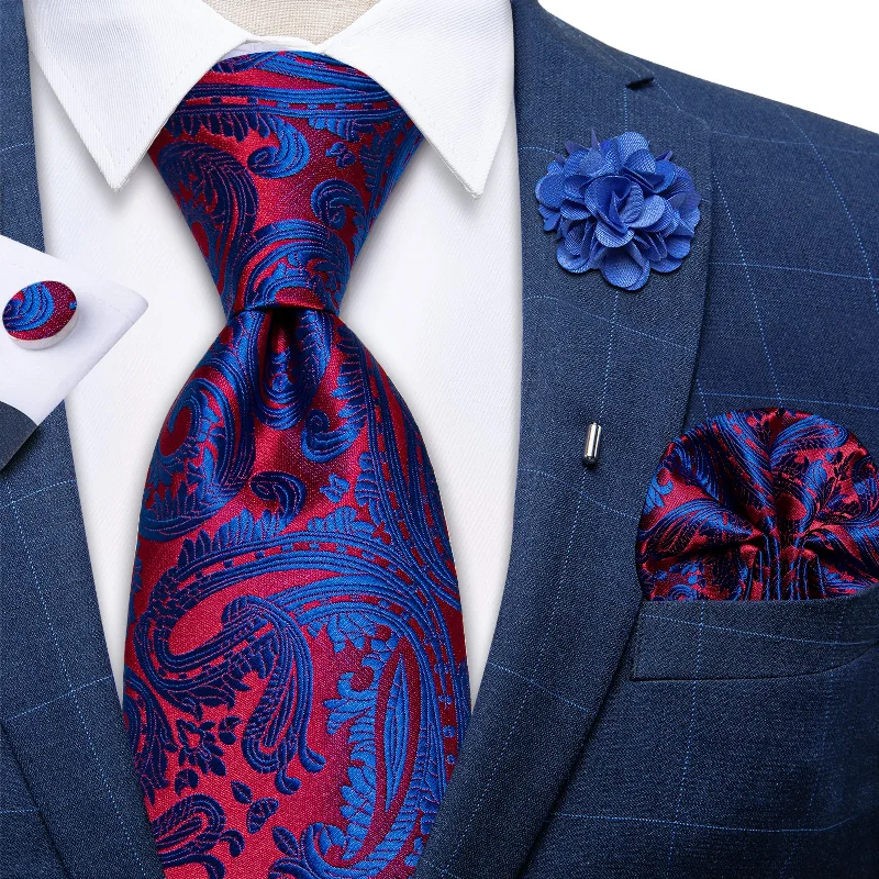 Best men's tie for weddings-Red Blue Floral Silk Men's Necktie Handkerchief Cufflinks Set With Lapel Pin Brooch Set